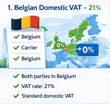 Mapa de Bélgica con rutas de transporte que muestran la aplicación del 21% de IVA nacional en facturas de ExusTrans